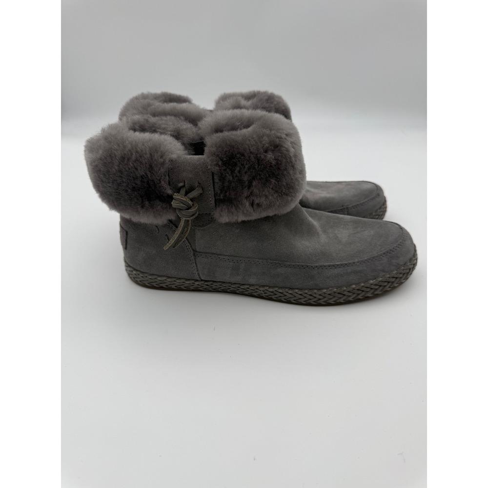New UGG Women Gray Suede Fur Trim Ankle Boots Braided Midsole 1113593 Size 8